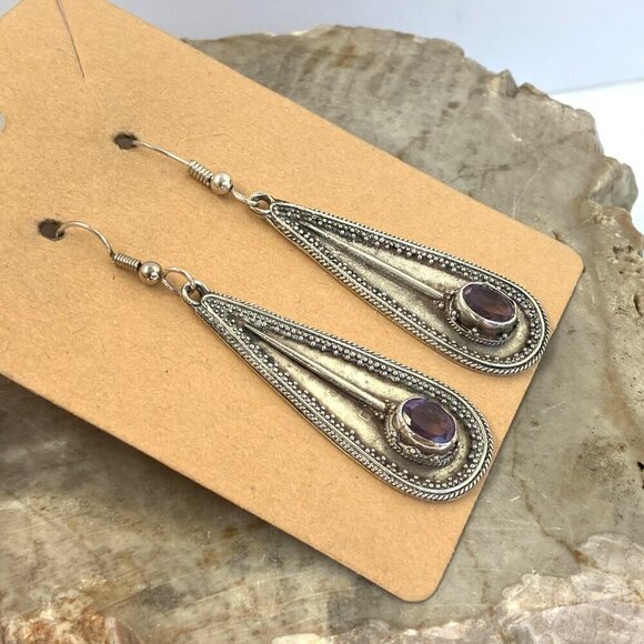 Sterling Silver 925 OKA Bali Oval Amethyst Teardrop Dangle Drop Earrings - Picture 4 of 16
